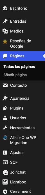 Menú lateral de wp-admin con Escritorio, Entradas, Medios, Reseñas de Google, Páginas, Contacto, Apariencia, Plugins, Usuarios, Herramientas, All-in-One WP Migration, Ajustes, SCF, Joinchat y Lightbox.